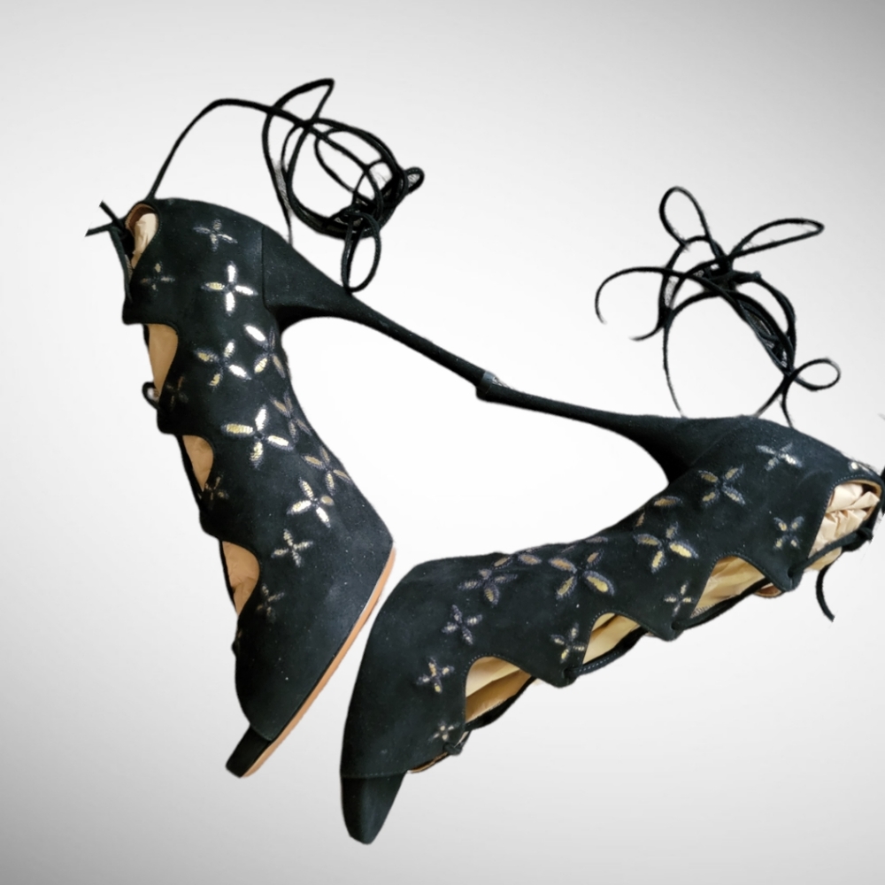 ALAIA |New in Box Black Suede w/Metallic Gold Floral Trim Open Toe Pumps S… - Picture 9 of 16